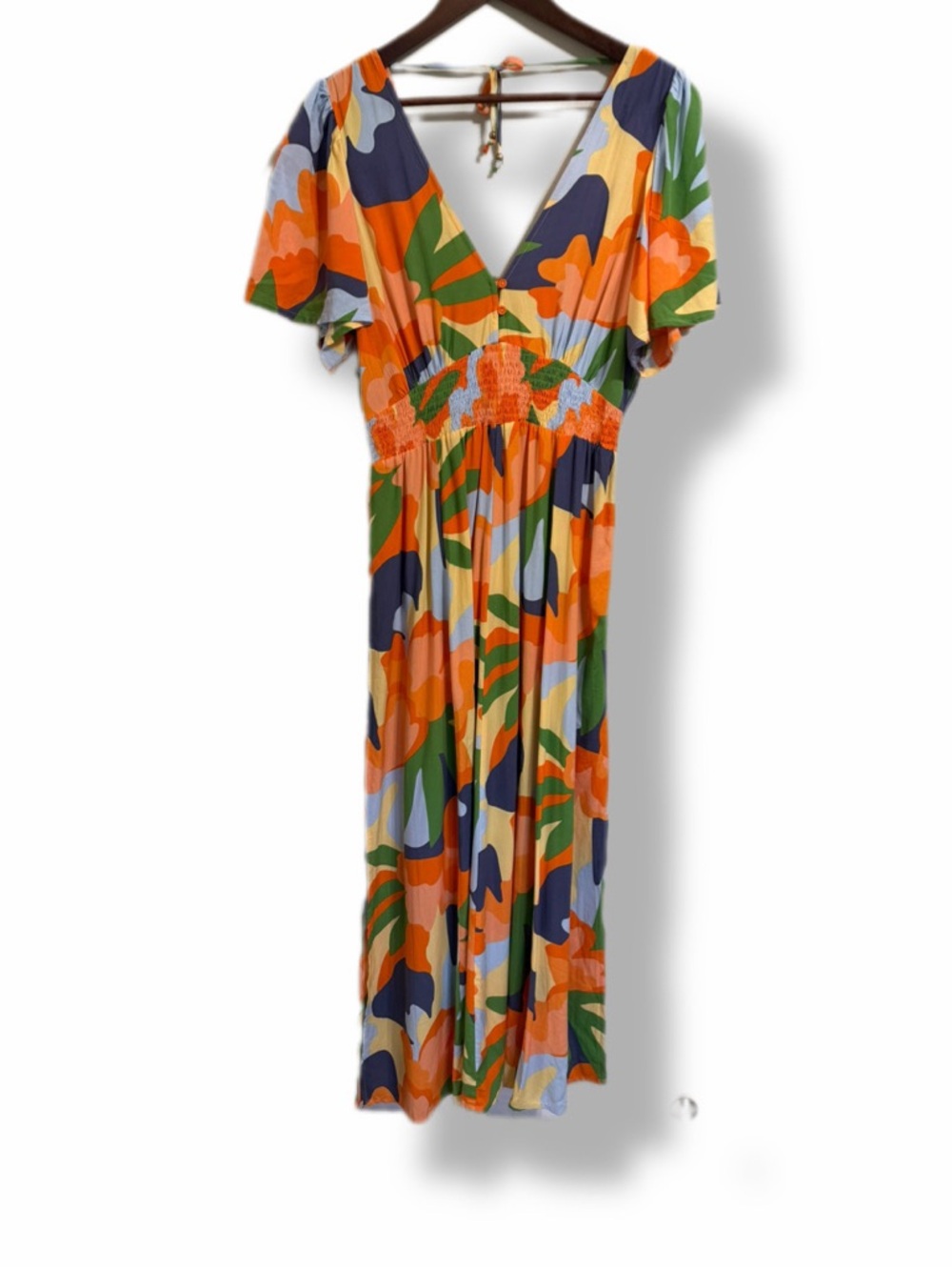 Abel The Label Maxi Dress L Colorful Floral Smocked Waist Boho Resort Vacation